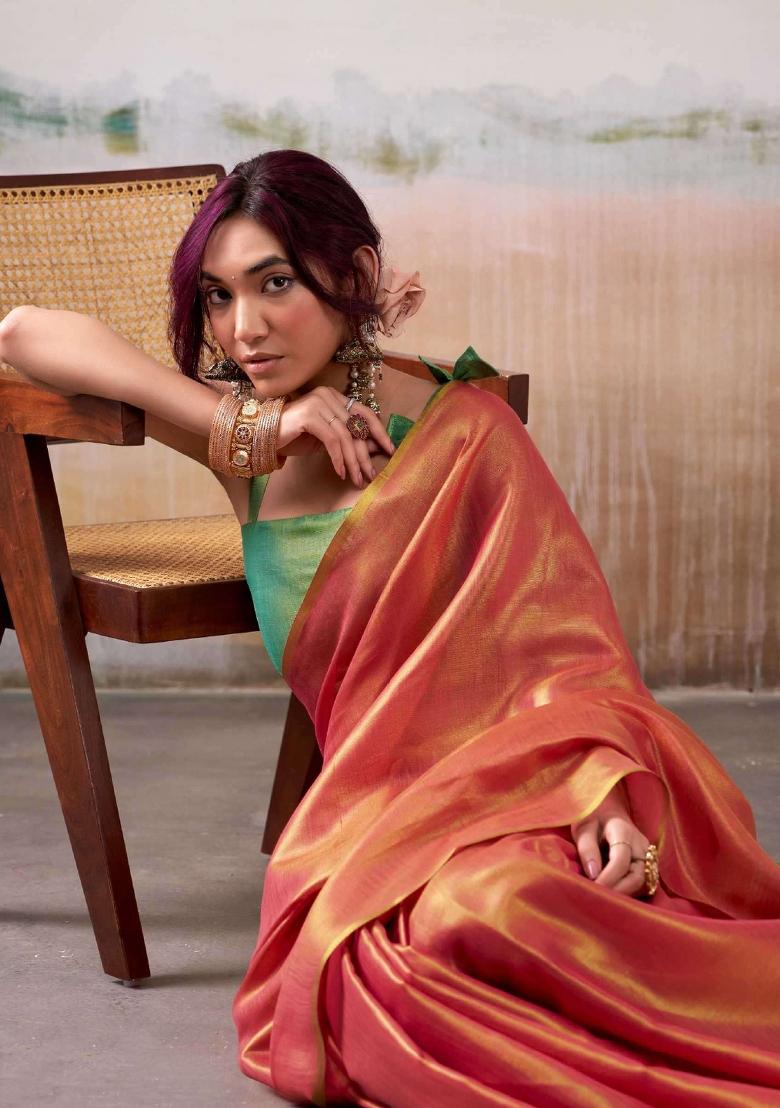 Peach Woven Silk Blend Saree Set - Indya