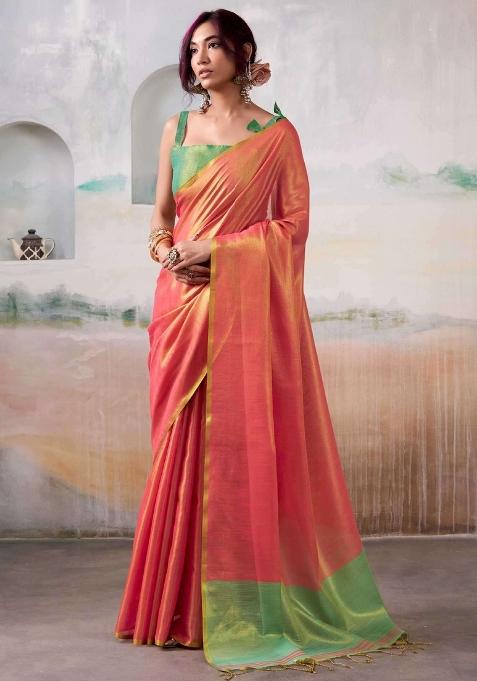 Peach Woven Silk Blend Saree Set