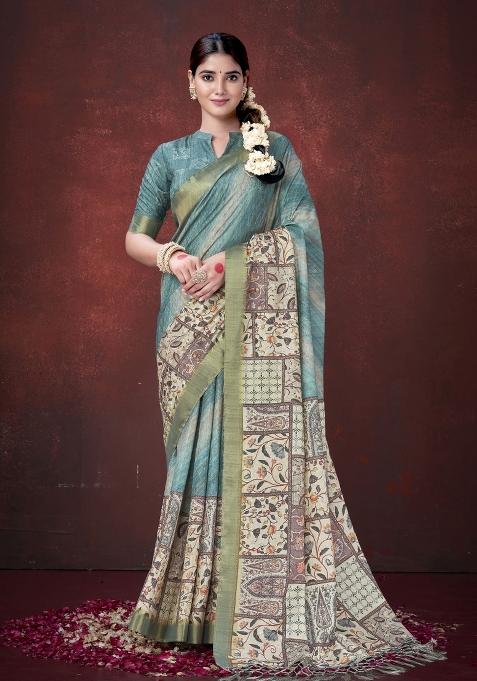 Sky Blue Woven Silk Blend Saree Set