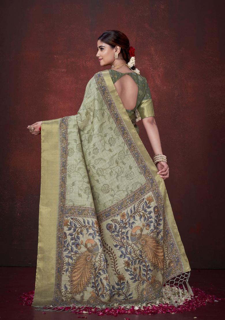 Green Woven Silk Blend Saree Set - Indya