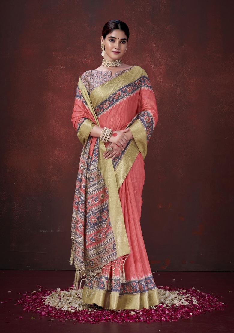 Red Woven Silk Blend Saree Set - Indya