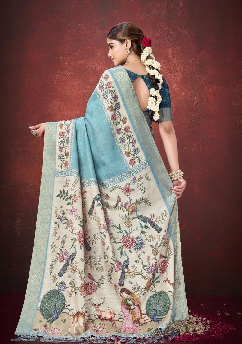 Sea Green Woven Silk Blend Saree Set - Indya