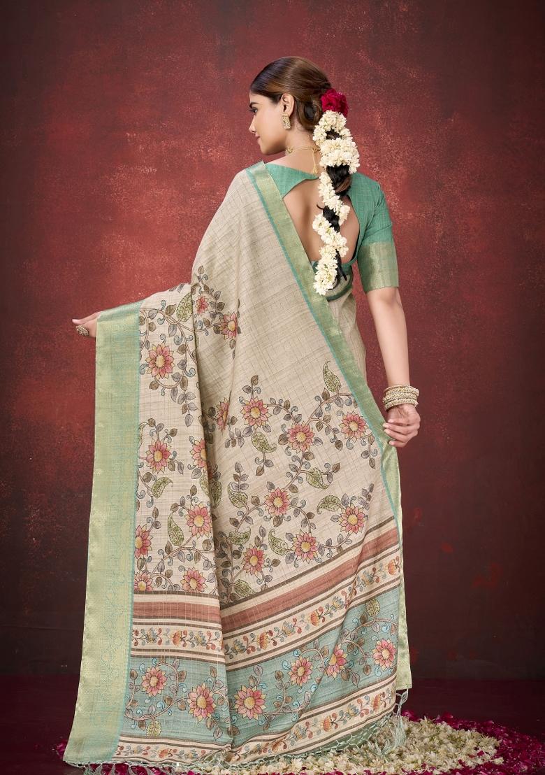 Cream Woven Silk Blend Saree Set - Indya