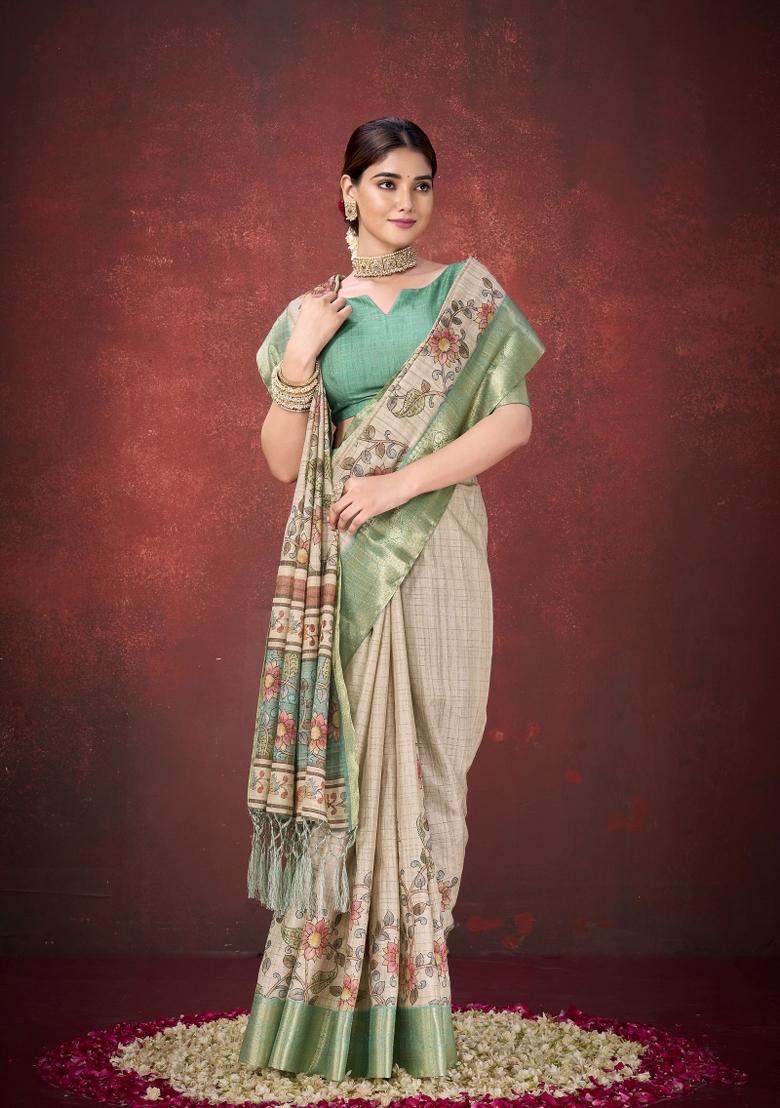 Cream Woven Silk Blend Saree Set - Indya