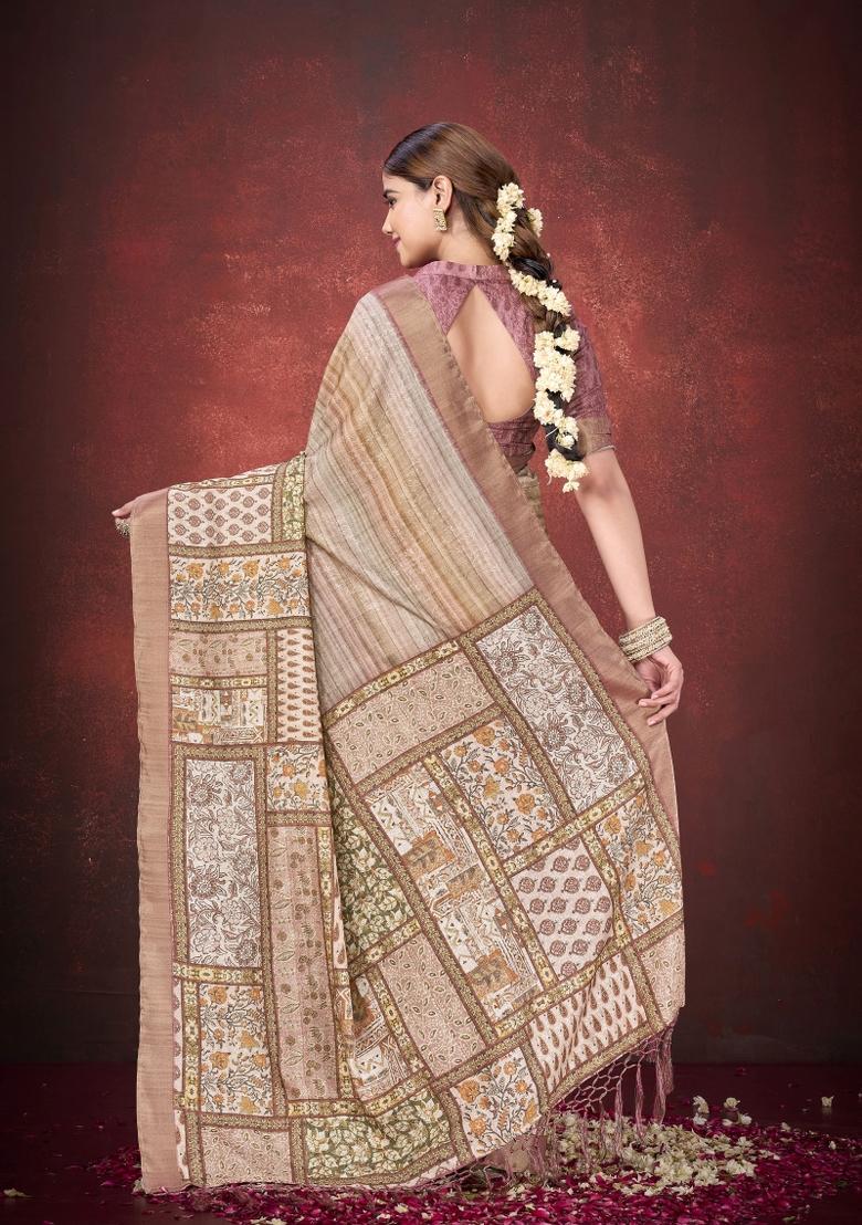 Brown Woven Silk Blend Saree Set - Indya