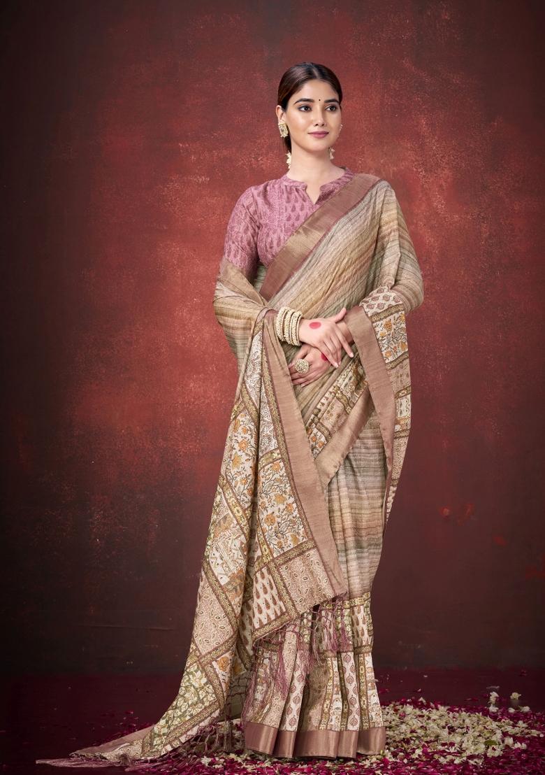Brown Woven Silk Blend Saree Set - Indya