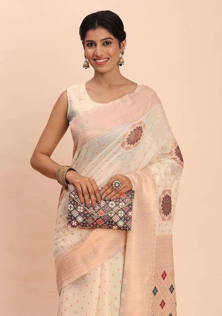 Off White Woven Blended Cotton Saree Set - Indya
