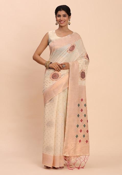 Off White Woven Blended Cotton Saree Set