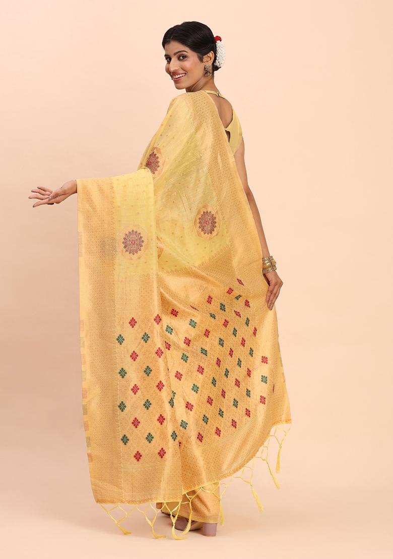 Yellow Woven Blended Cotton Saree Set - Indya