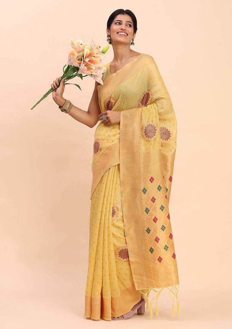 Yellow Woven Blended Cotton Saree Set - Indya