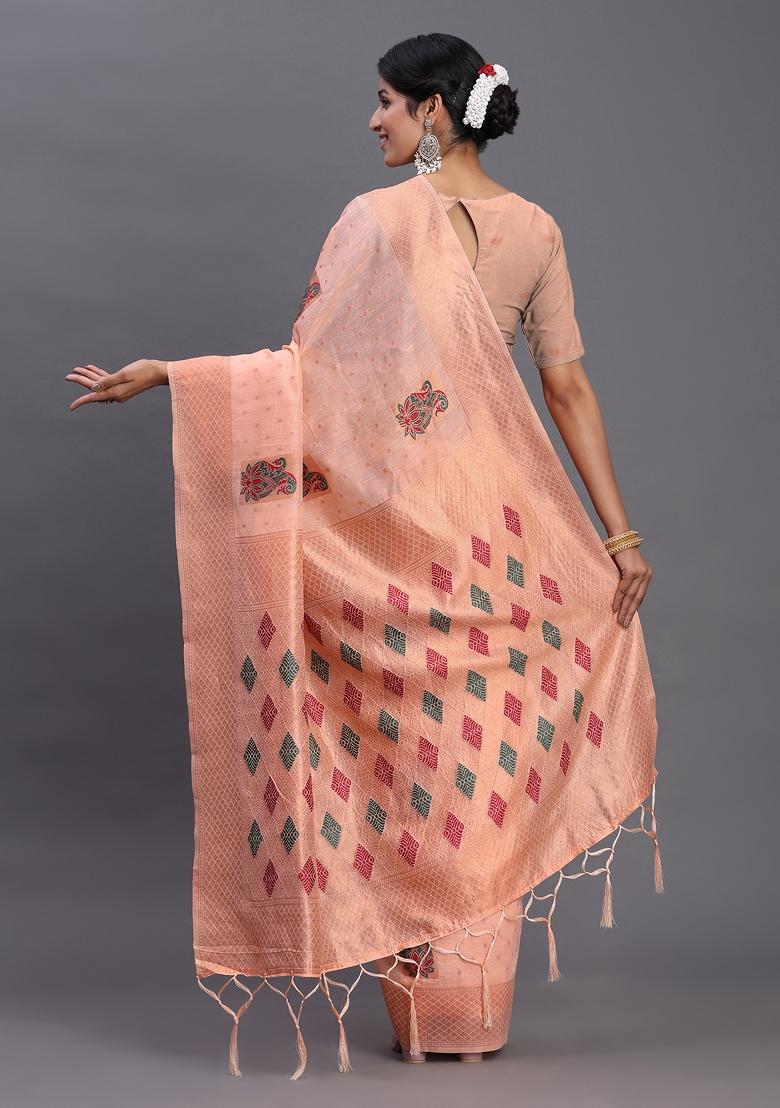 Peach Woven Blended Cotton Saree Set - Indya