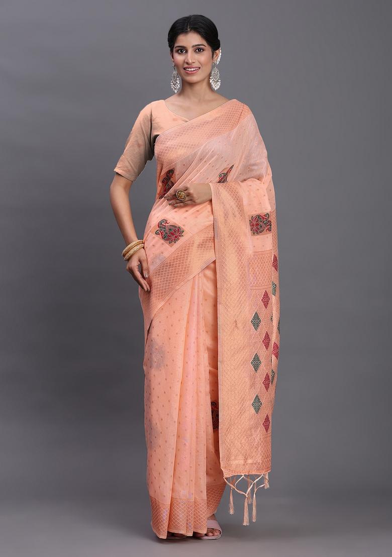 Peach Woven Blended Cotton Saree Set - Indya