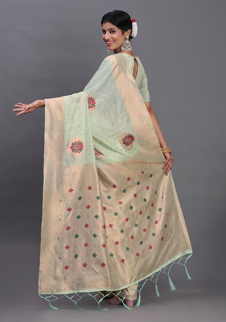 Light Green Woven Blended Cotton Saree Set - Indya
