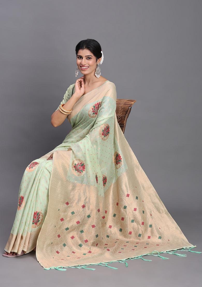 Light Green Woven Blended Cotton Saree Set - Indya