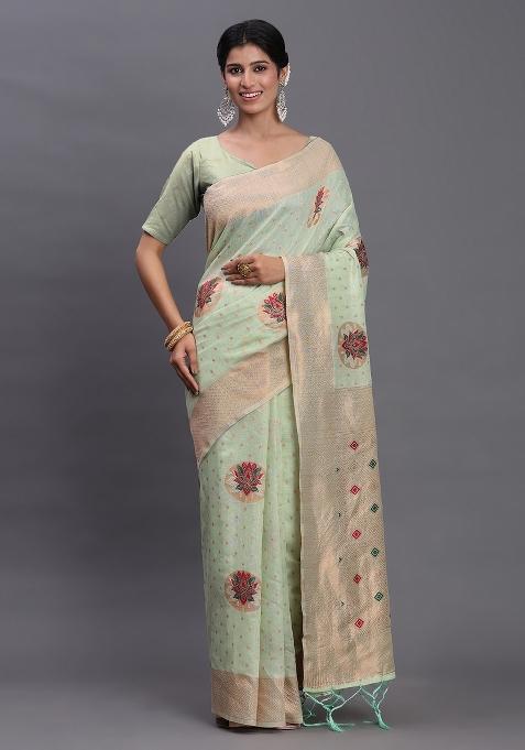 Light Green Woven Blended Cotton Saree Set
