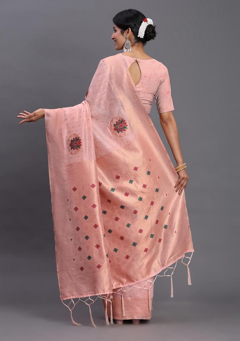 Light Pink Woven Blended Cotton Saree Set - Indya