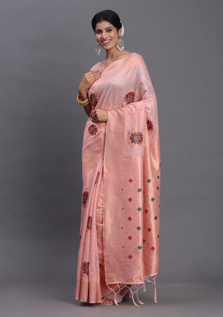 Light Pink Woven Blended Cotton Saree Set - Indya