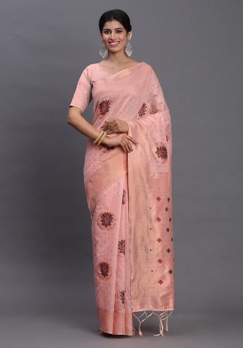 Light Pink Woven Blended Cotton Saree Set