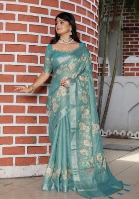Sea Green Woven Blended Cotton Saree Set