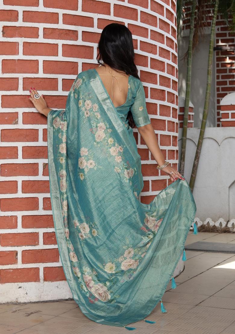 Sea Green Woven Blended Cotton Saree Set - Indya