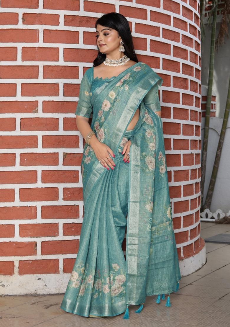 Sea Green Woven Blended Cotton Saree Set - Indya