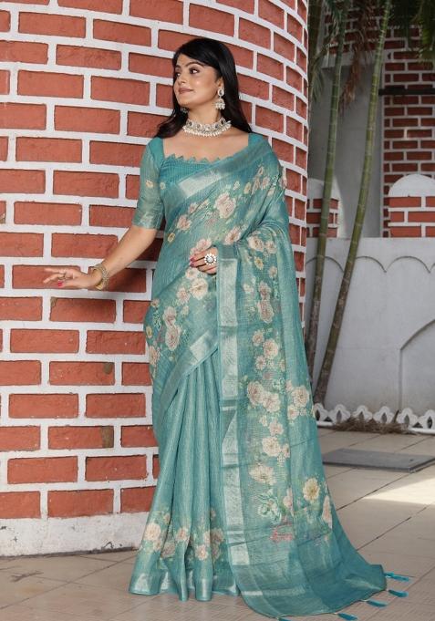 Sea Green Woven Blended Cotton Saree Set