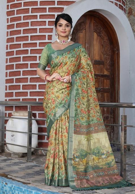 Beige Woven Blended Cotton Saree Set