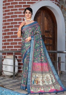 Blue Woven Blended Cotton Saree Set