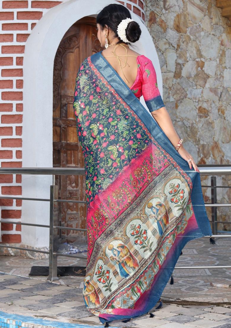 Blue Woven Blended Cotton Saree Set - Indya