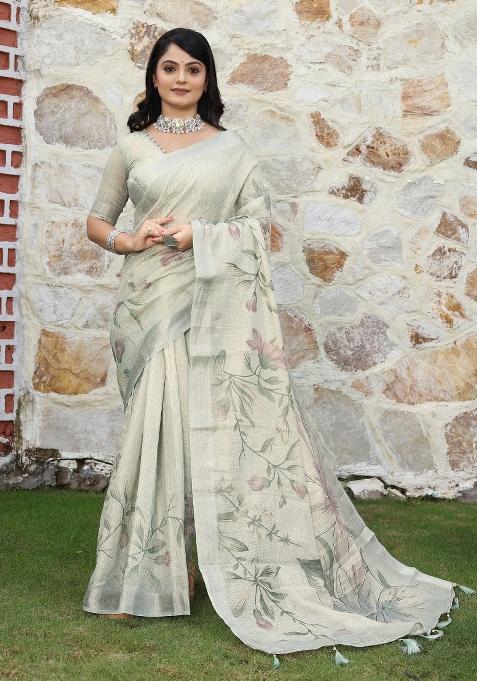 Grey Woven Blended Cotton Saree Set