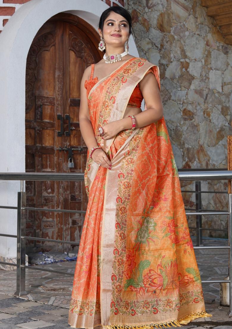 Orange Woven Blended Cotton Saree Set - Indya