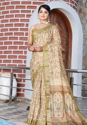 Beige Woven Blended Cotton Saree Set