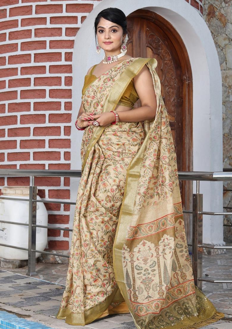 Beige Woven Blended Cotton Saree Set - Indya