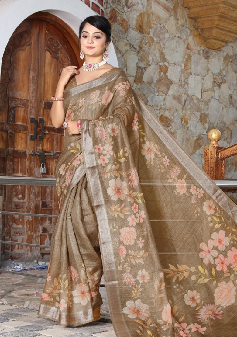 Brown Woven Blended Cotton Saree Set - Indya
