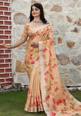 Peach Woven Blended Cotton Saree Set
