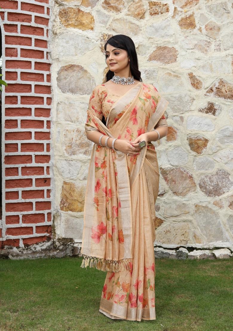 Peach Woven Blended Cotton Saree Set - Indya