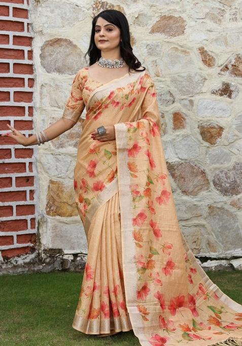 Peach Woven Blended Cotton Saree Set