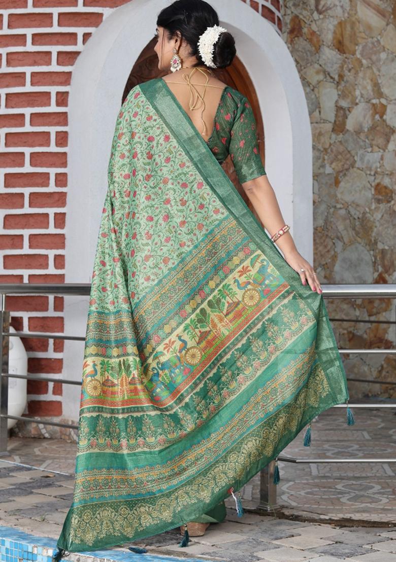 Green Woven Blended Cotton Saree Set - Indya