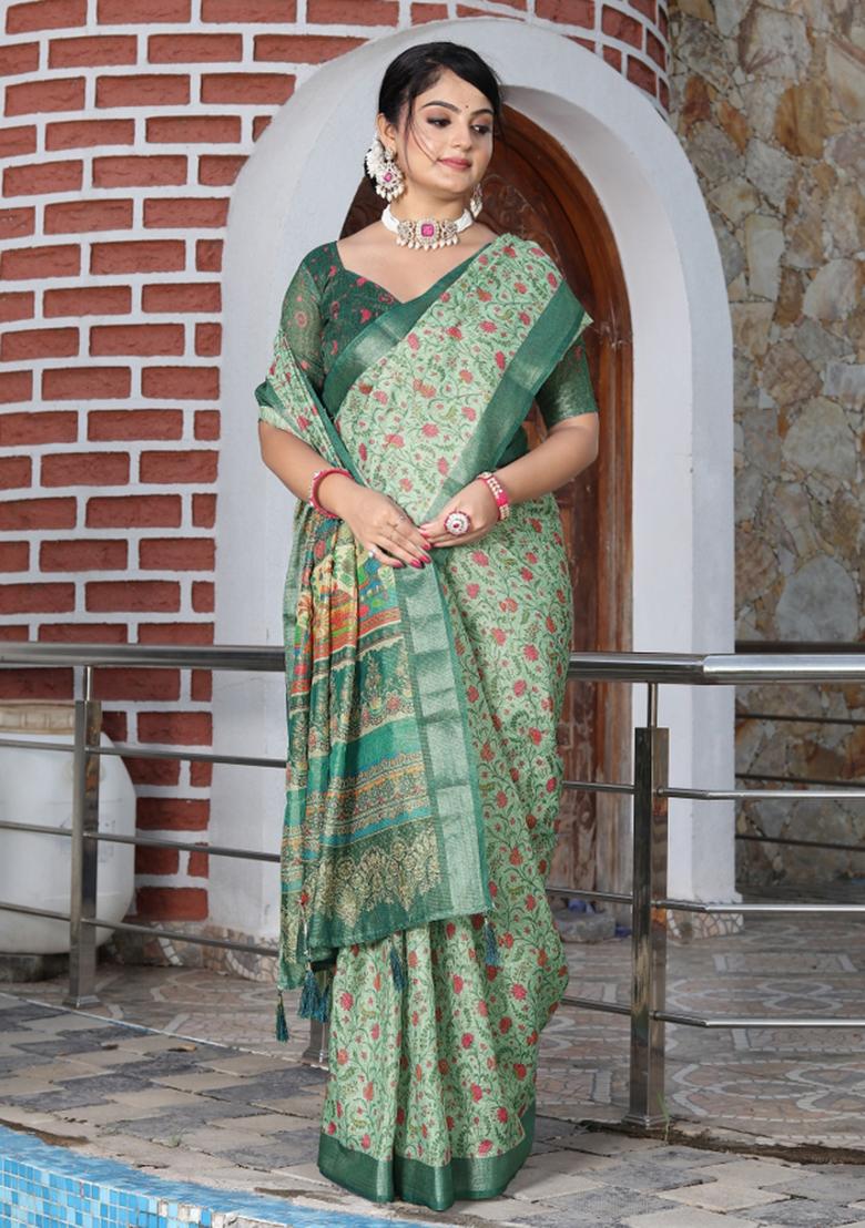 Green Woven Blended Cotton Saree Set - Indya