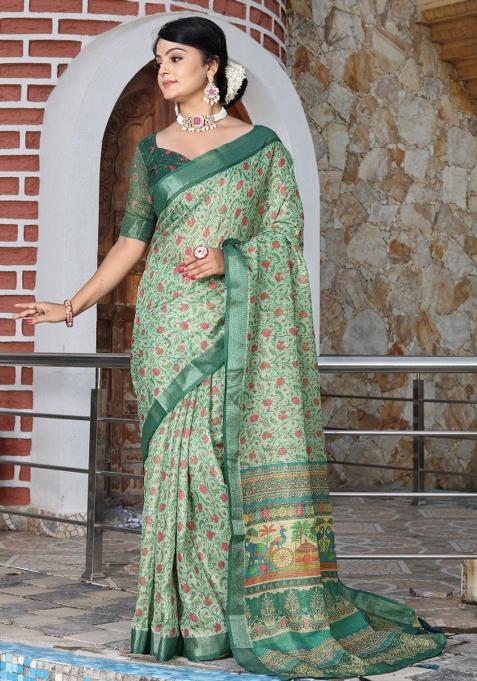 Green Woven Blended Cotton Saree Set