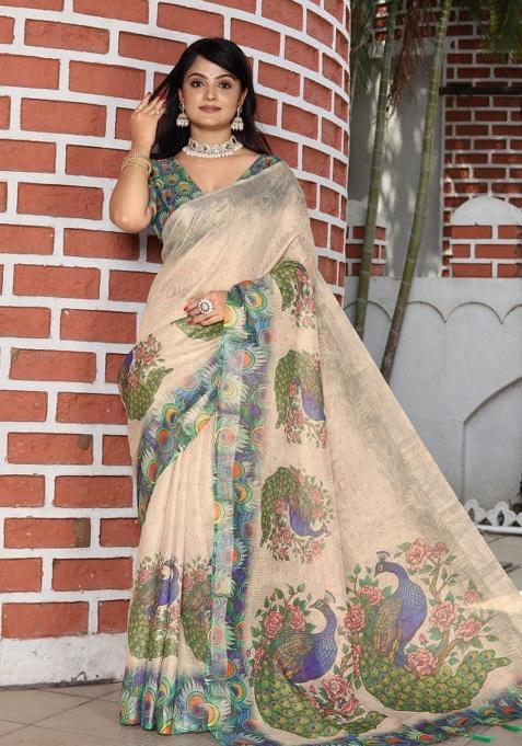 Cream Woven Blended Cotton Saree Set