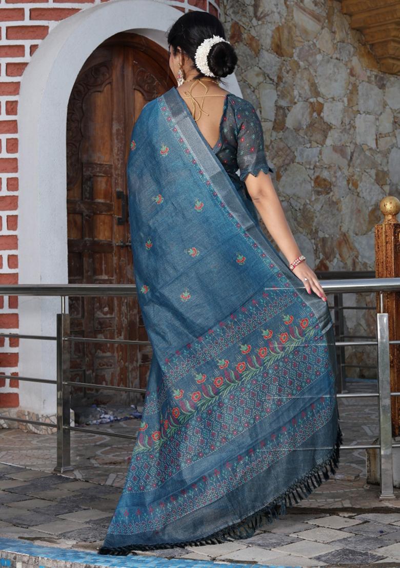 Blue Printed Blended Cotton Saree Set - Indya