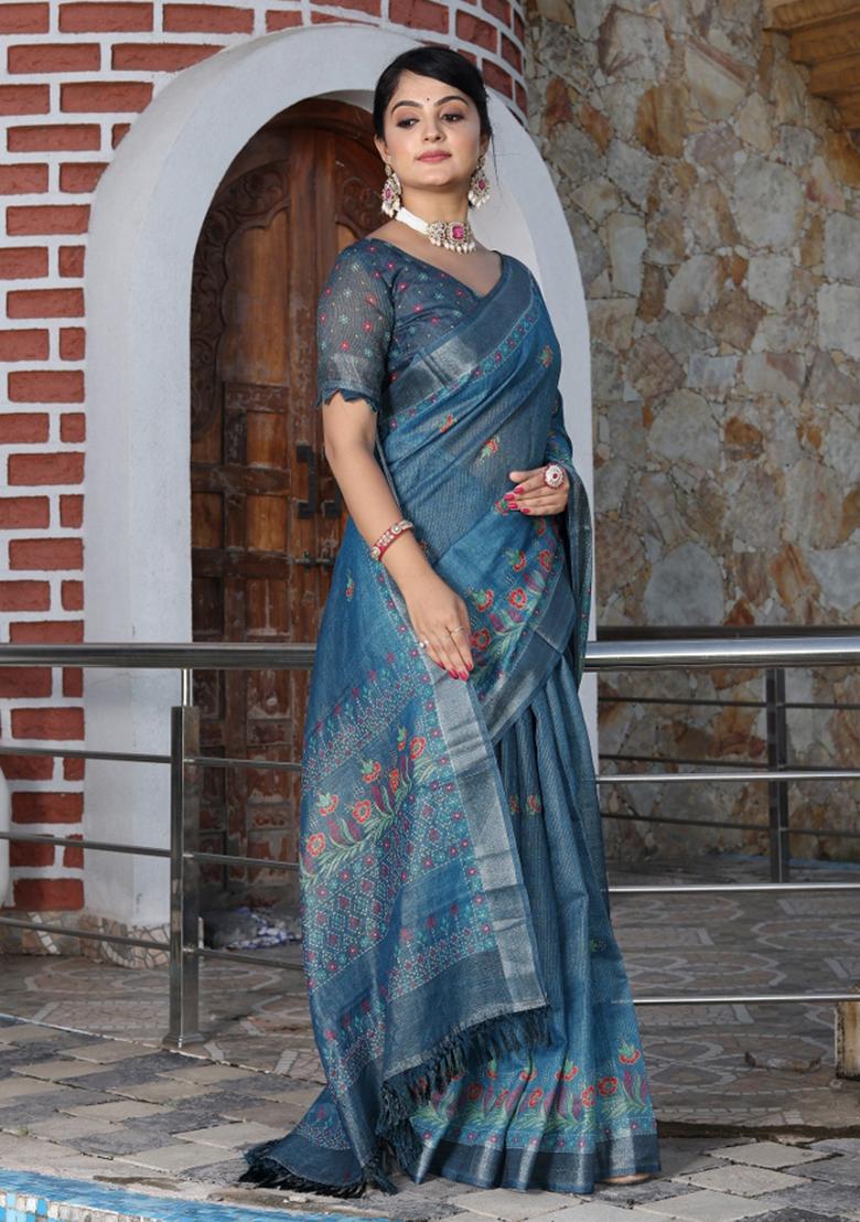 Blue Printed Blended Cotton Saree Set - Indya