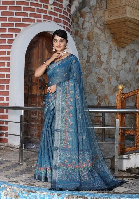 Blue Printed Blended Cotton Saree Set