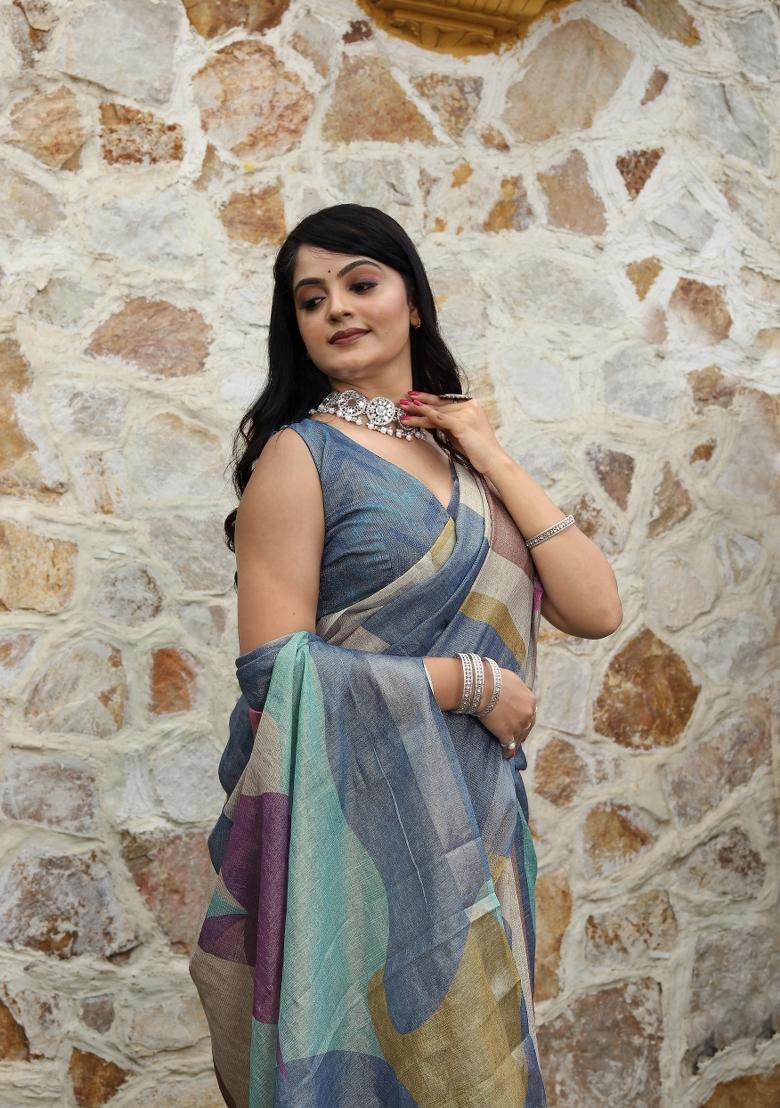 Multicolor Printed Blended Cotton Saree Set - Indya