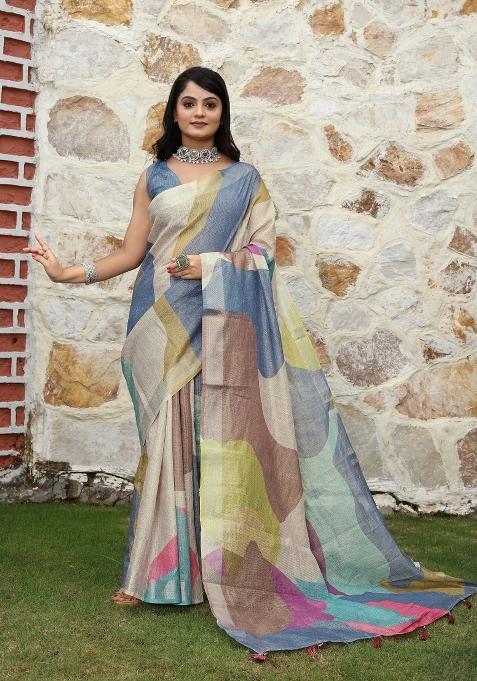 Multicolor Printed Blended Cotton Saree Set