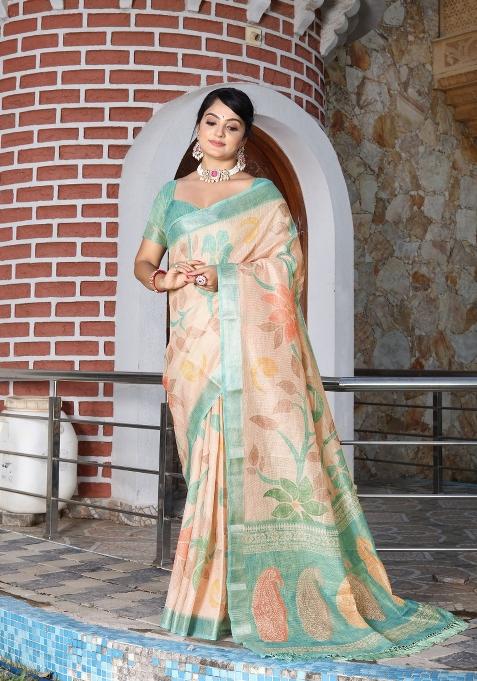 Cream Printed Blended Cotton Saree Set