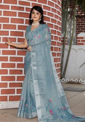 Grey Printed Blended Cotton Saree Set