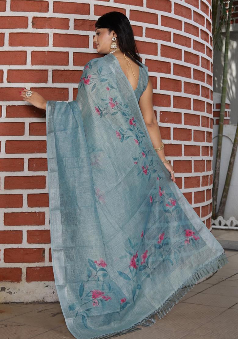 Grey Printed Blended Cotton Saree Set - Indya