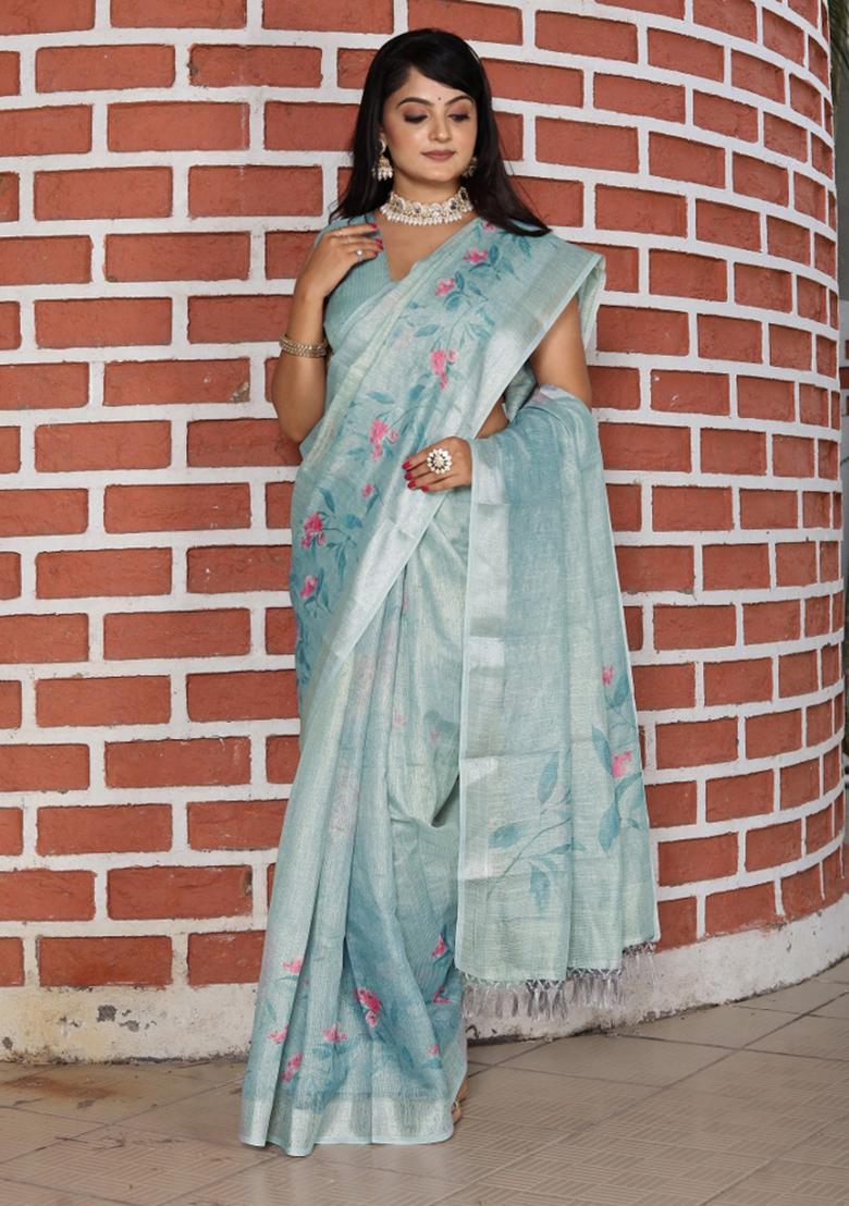 Grey Printed Blended Cotton Saree Set - Indya